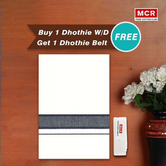 White Double Dhothie Cotton Colour Border For Men - FCD-471 Buy 1 Dhothie Get 1 Dhothie Belt Free (Assorted colours only)