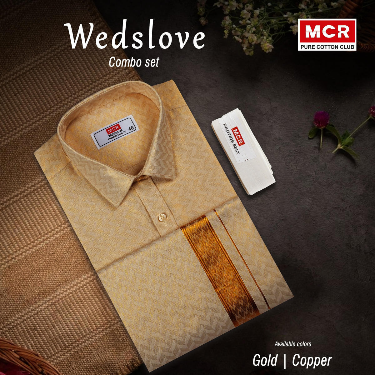 Compact Wedslove Tissue Gold Matching Single Dhoti Set Full Sleeve style -1