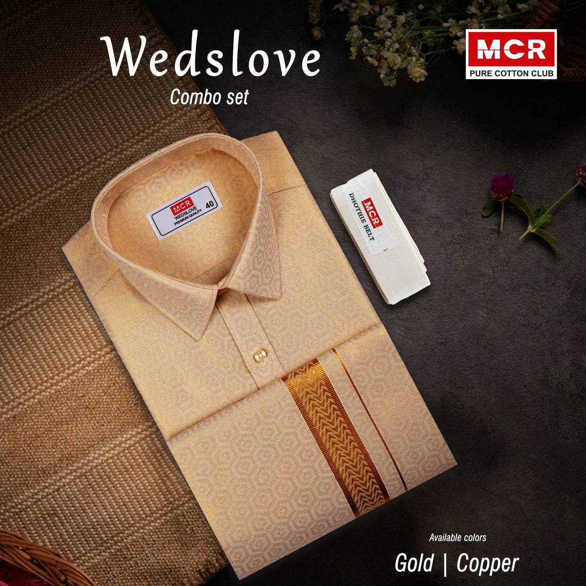 Compact Wedslove Tissue Gold Matching Single Dhoti Set Full Sleeve style-2