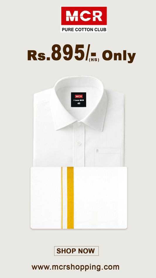 White Shirt + Gold Border Dhoti Single Set H/S - (Dhoti Size 2mtr)