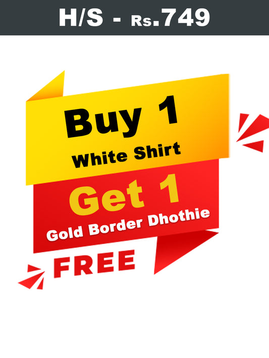 WHITE SHIRT + GOLD BORDER DHOTI SINGLE SET H/S - (Dhoti Size 2mtr)