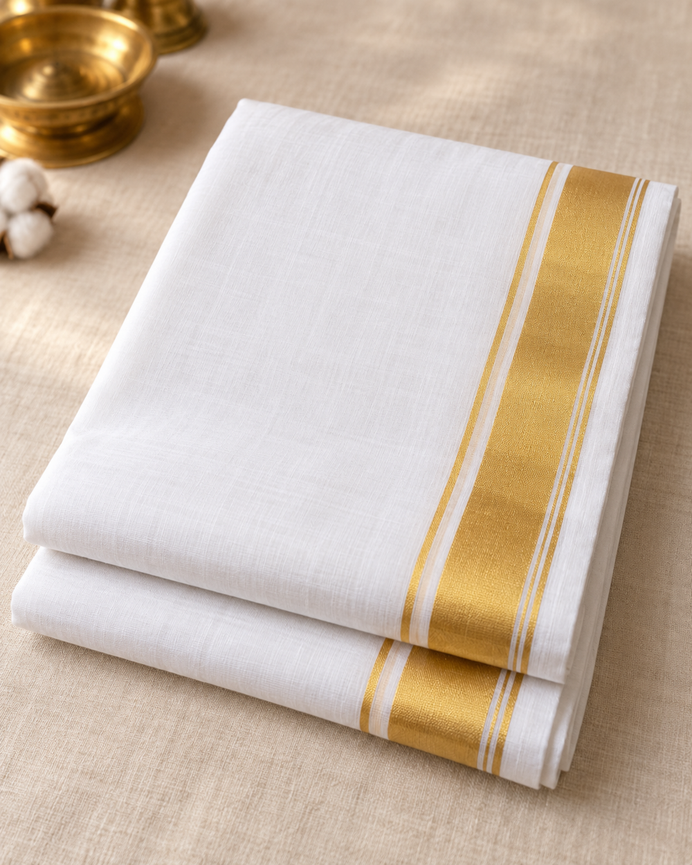 Folded white cotton dhoti with gold kasavu border