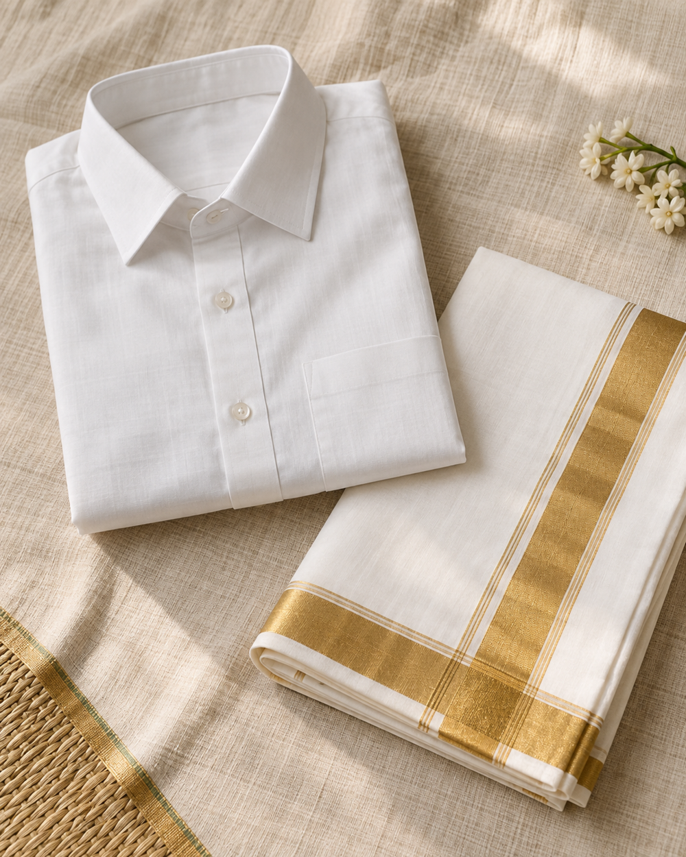 Wedding shirt and gold border veshti set with flowers