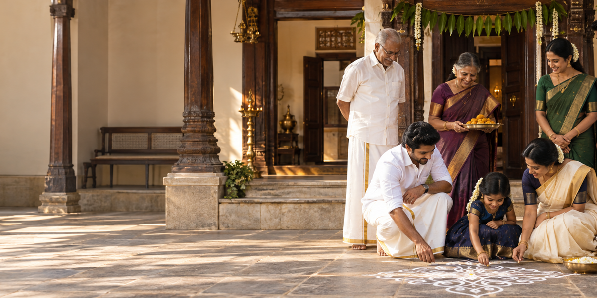 Family in traditional pure cotton wear celebrating Deepavali with brass lamps