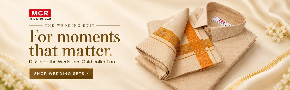 MCR Kerala wedding – gold shirt and mundu set