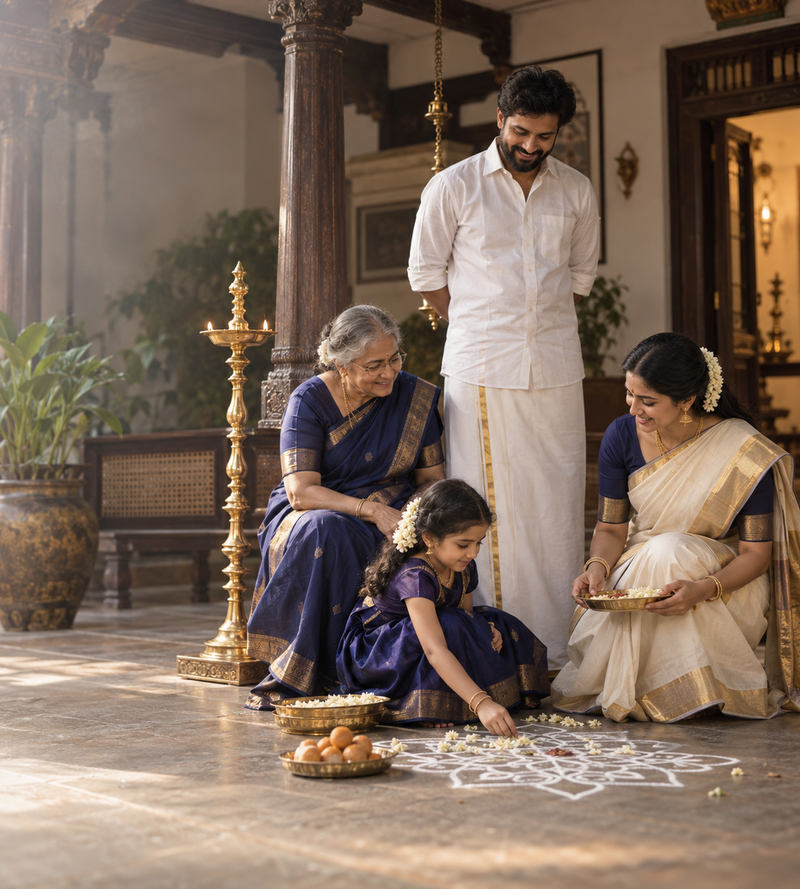 Family celebrating Deepavali at home in MCR pure cotton dhotis and shirts