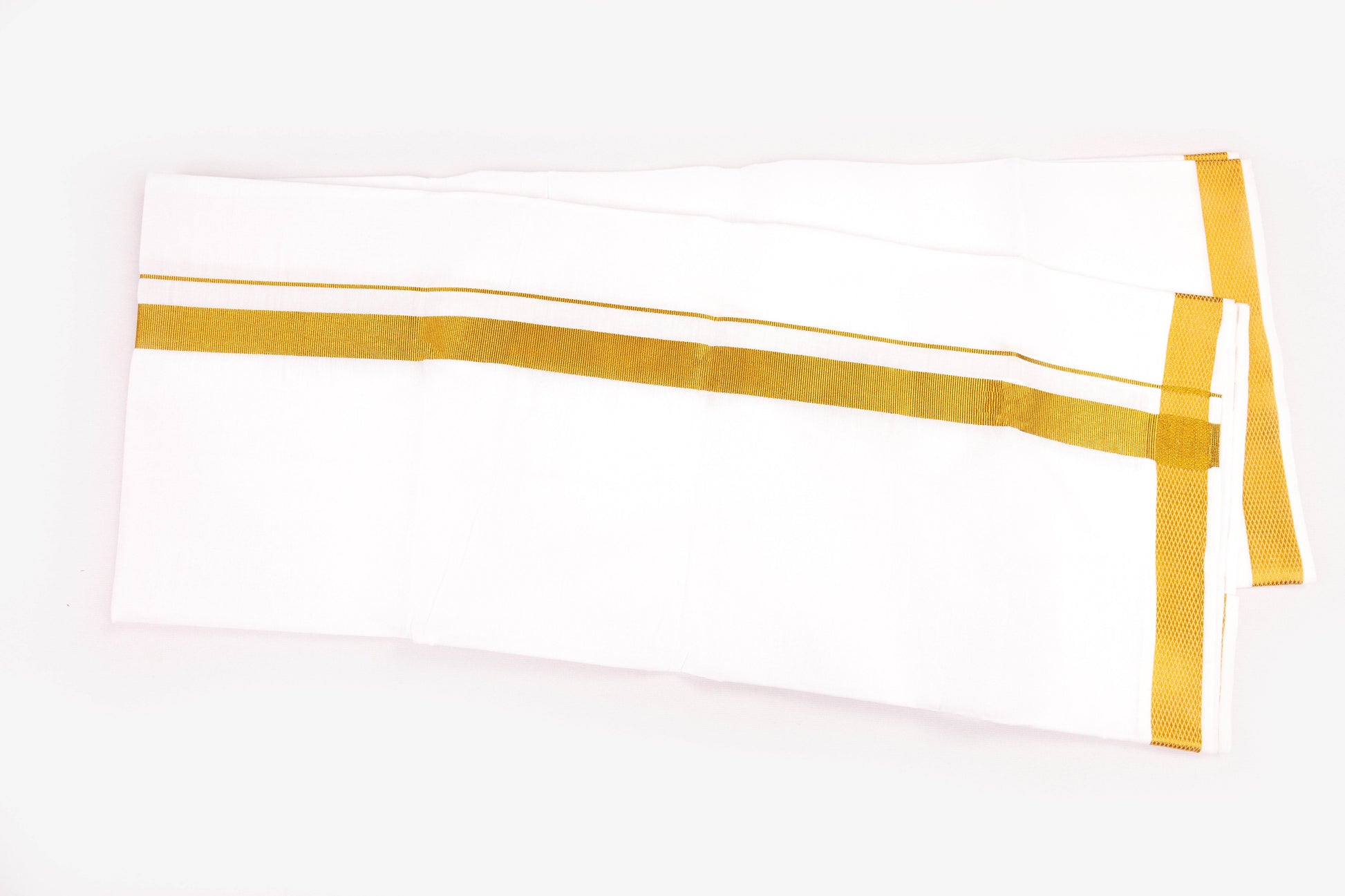 1 inch gold border dhothie for men in white with elegant golden trims for traditional wear