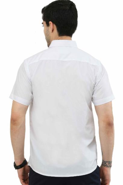 Back view of BRAVO OYT white shirt for men, featuring a classic design and short sleeves from MCR Textiles.