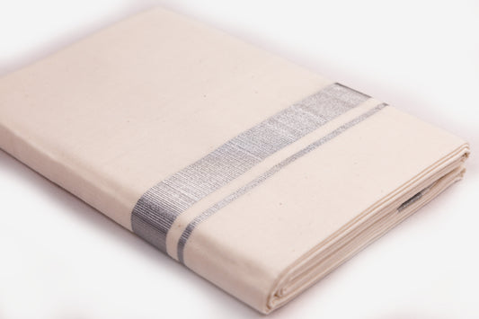 Cream Silver Jari Border 1 Inch Double Dhotie for Men by MCR Textiles, Soft and Elegant Design