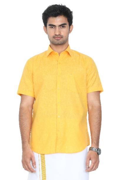 GOODLIN half sleeve shirt for men in vibrant yellow color, perfect for casual or festive occasions.