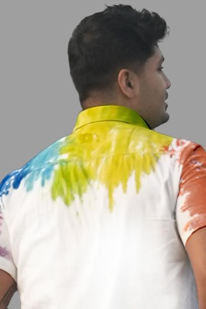 Holi Print Half Sleeve White Men Shirt with Colorful Tie-Dye Design for a Trendy Look