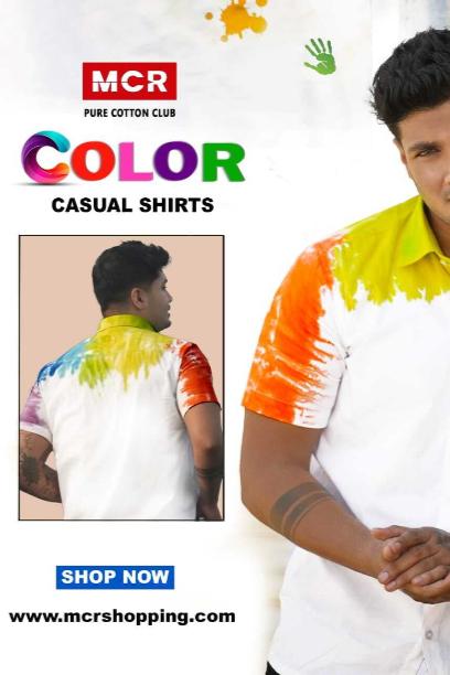 Holi Print Half Sleeve White Shirt for Men with Colorful Tie-Dye Pattern from MCR Textiles