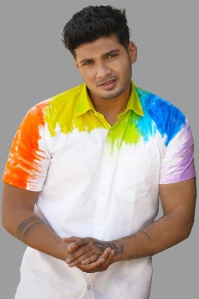 Holi Print Half Sleeve White Men Shirt with Vibrant Colorful Tie-Dye Accents