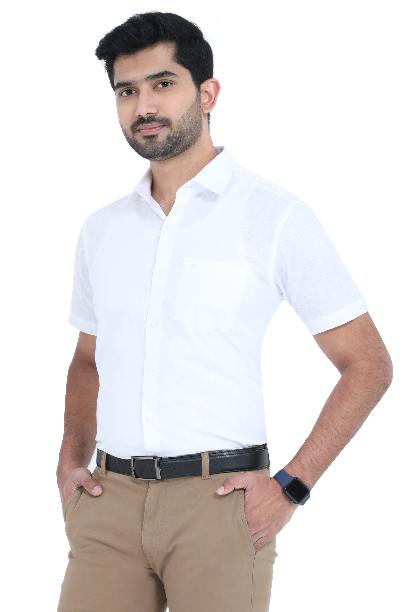 MCR Crown Lin shirt for men in white half sleeve style, perfect for formal occasions and daily wear.