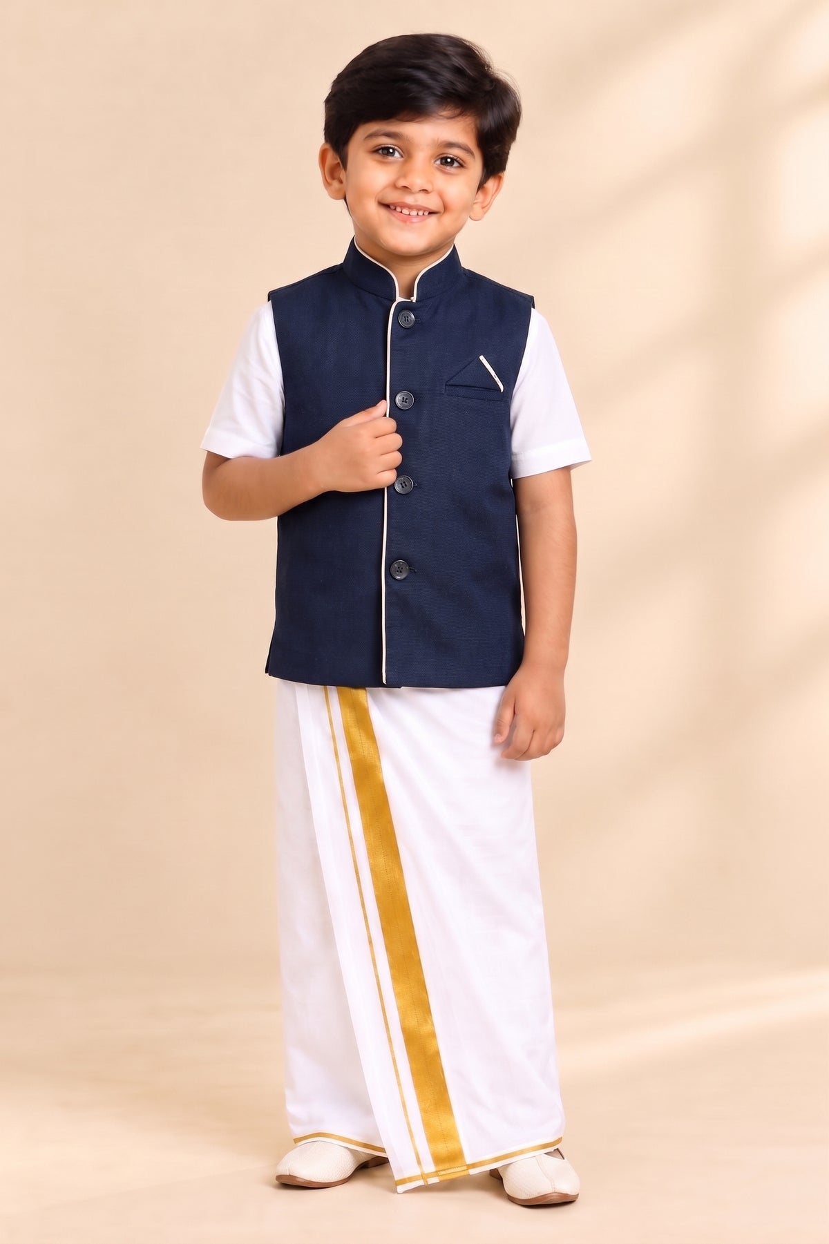 Kids Little Master Set (White Shirt + Dhoti + Coat) Navy
