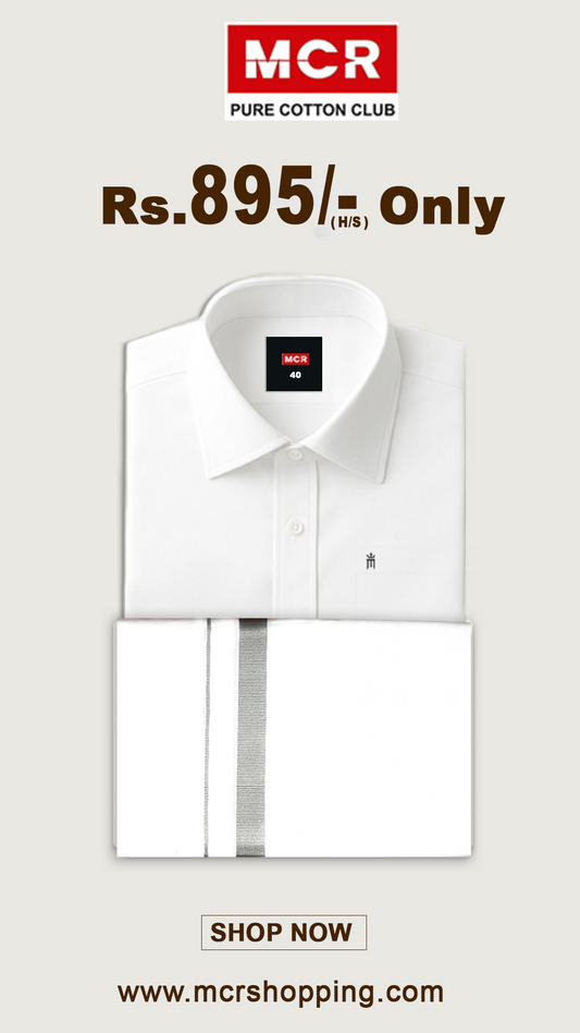 White Shirt + Silver Border Dhoti Single Set H/S (Dhoti Size 2mtr)