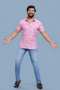 NEWSMAKER SLIMFIT HALF SLEEVE PINK WHITE MEN SHIRT