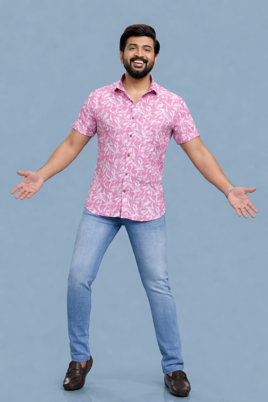 NEWSMAKER SLIMFIT HALF SLEEVE PINK WHITE MEN SHIRT