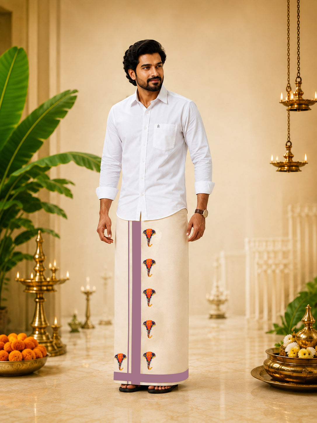 ROSE SPL GOLDEN NETTIPATTAM CREAM DOUBLE DHOTI  3.80 MTR