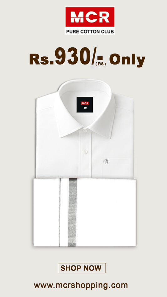 White Shirt + Silver Border Dhoti Single Set F/S (Dhoti Size 2mtr)