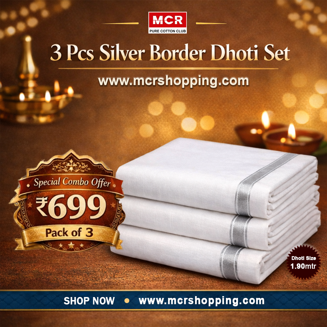 Silver Jari Border 3 pcs Combo w/s Dhoti 1.90 mtr