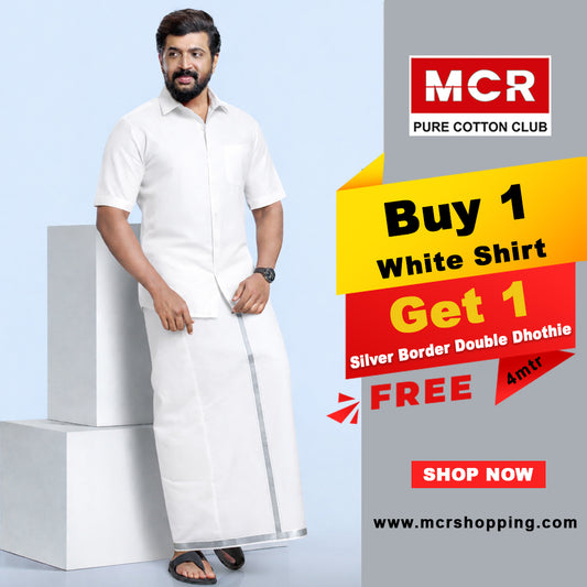 White Shirt + Silver Border Double Dhoti  H/S (Dhoti Size 4mtr)