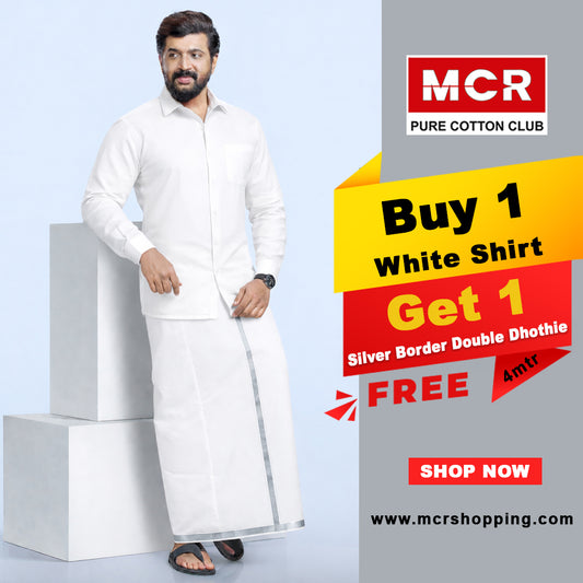White Shirt + Silver Border Double Dhoti F/S (Dhoti Size 4mtr)