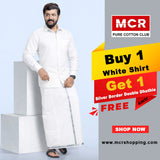 White Shirt + Silver Border Double Dhoti F/S (Dhoti Size 4mtr)